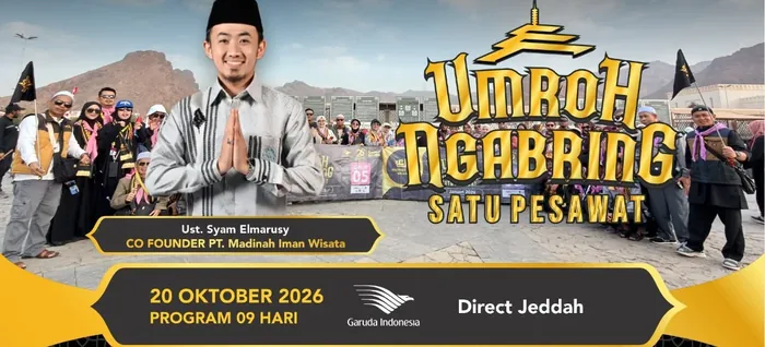 Brosur resmi MIW Umroh Ngabring Satu Pesawat 20 Oktober 2026 dengan pilihan Sahabat dan Kerabat