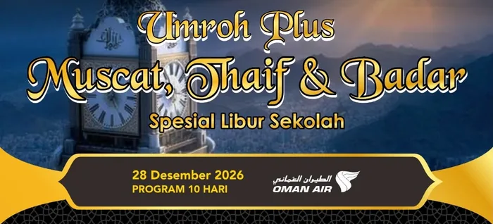 Brosur resmi MIW Umroh Plus Muscat, Thaif dan Badr keberangkatan 28 Desember 2026 dengan Oman Air