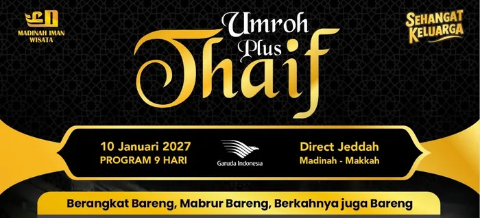Brosur resmi MIW Umroh Plus Thaif keberangkatan 10 Januari 2027 dari Bandung